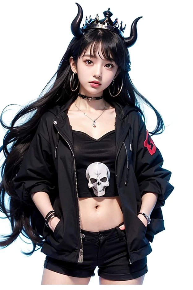 a horned woman with long black hair, red eyes, wearing a black top and black shorts, visible belly, 19 - year - old anime goth girl, anime skull portrait woman, crown, full accessories, akane owari danganronpa, high quality anime artstyle, female anime character, demon anime girl, anime moe artstyle, gothic maiden anime girl, anime visual of a cute girl, marin kitagawa fanart