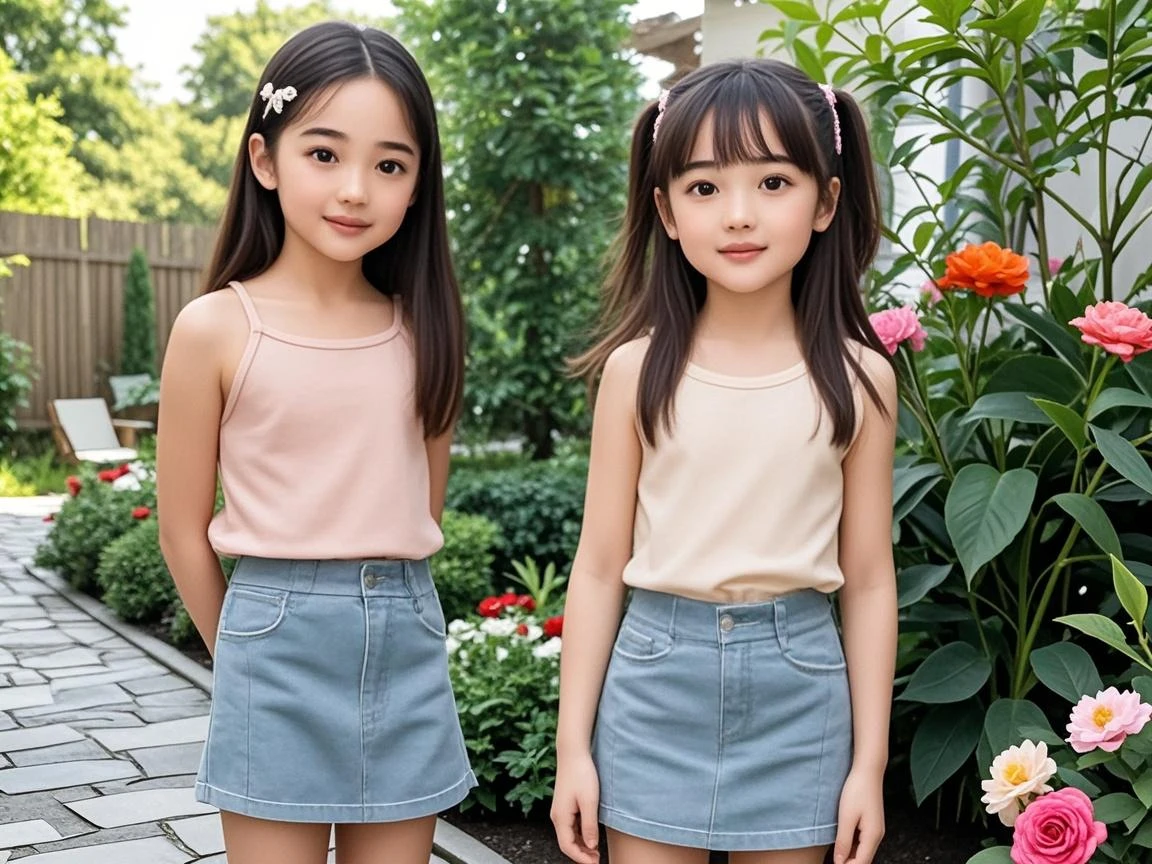 Very cute 11 year old twin girls、Long Hair、Tank top、Miniskirt, White Skin