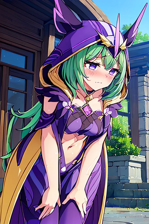 1 Girl, Keqing \(Genshin Impact\), whole body的皮肤都是绿色的,Solitary, breast, Gloves, Looking at the audience, White background, Bare shoulders, Separate sleeves,Neck tassel, Simple background, flower, Side Breast, medium breast, skirt, Weaving, Shut up, skirt, hair flower, Purple Hair,Ruffles, earrings, Necklace, Ruffled sleeves, Wide sleeves, Hair between the eyes, purple skirt,Skin of color,Green Skin,Bare legs,Green Skin,Barefoot,Green Skin,whole body,Green Skin,Zombification,Green Skin,Sitting on the bed,Green mist