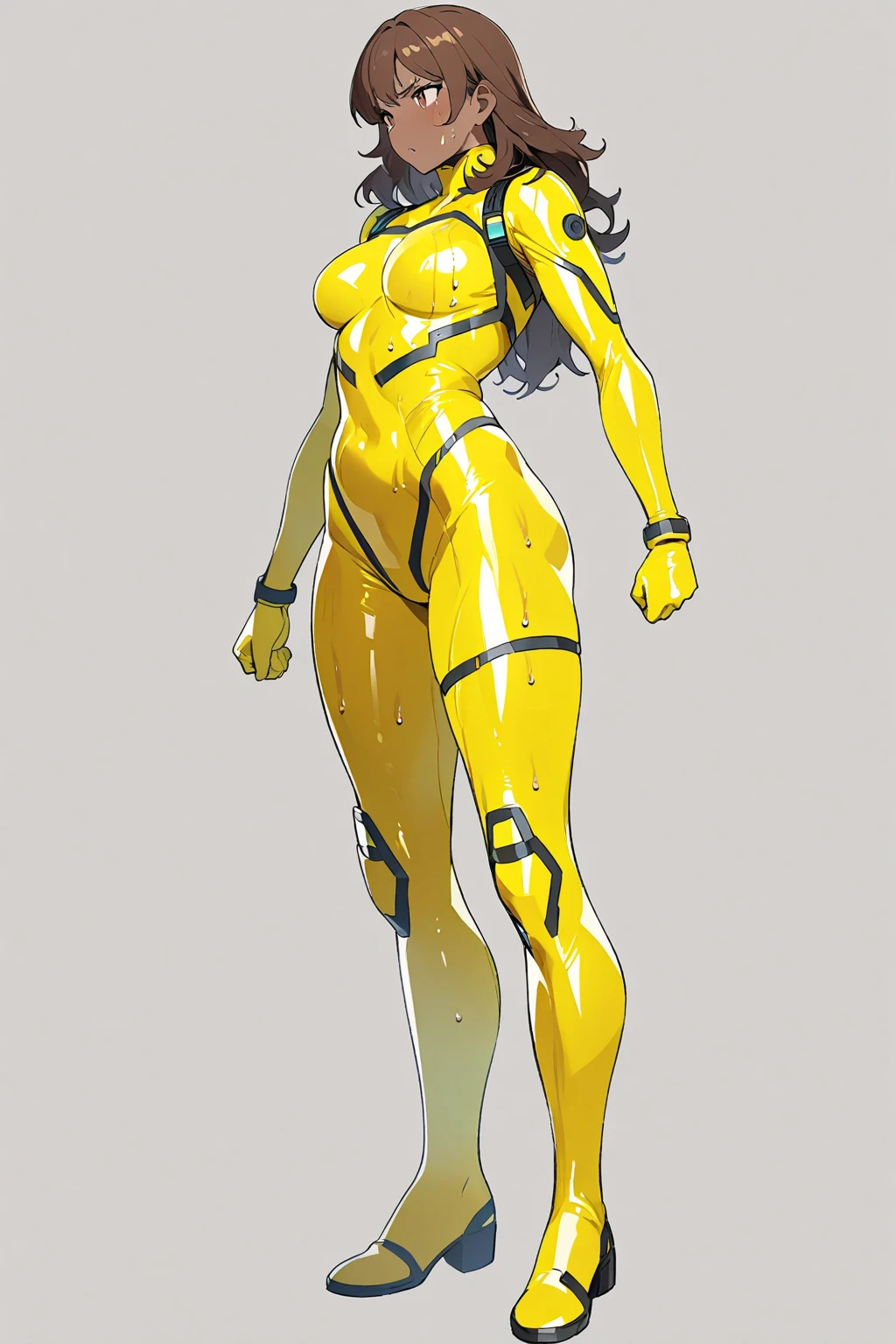 8k ((long neck:1.5))((full body view))((view from below:1.5)),(large eyes:1.3), defined cheekbones, looking back, ((the pit style:1.4))((sleek gold bodysuit:1.6)) ((intricate translucent details:1.4))detailed face:1.5), translucent skin,(puffy lips:1.5) (translucent skin:1.6), (bald woman:1.7), (skinhead) ((sexy pose)),(Muscular:1.6), ((gigantic breasts:1.5)), )highly detailed, majestic, digital photography, art by artgerm and ruan jia and greg rutkowski, ((clear shoulder pads:1.2)), (masterpiece),((wide shoulders:1.5)) sidelighting, intricate details, (((black and gold color palette))), body appears see through, gold torso, ((black legs))