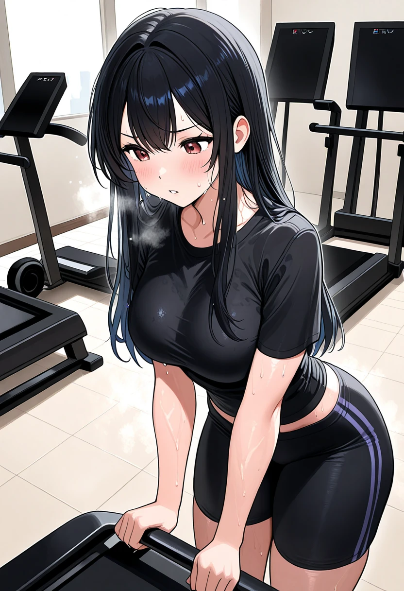 Girl with big breast wearing tight sports bra with angry and shy expression, big thighs, sexy, wearing sports bra, shy, hot, she is pooping on the toilet, she is sitting on the chair, she is pooping embarrassed, big breast, shy expression, tight sports bra,t, in pain, she is super in pain, dynamic shot, dynamic pose,sweaty, big thighs, horny face, horny, closed eyes, crying, dynamic shot, close up shot, foreshortening shot, she is touching her belly, she is grabbing her butt, she is trying hard, she is naked, she is holding her pee, she is wet, big butt, long hair, black hair, bangs,