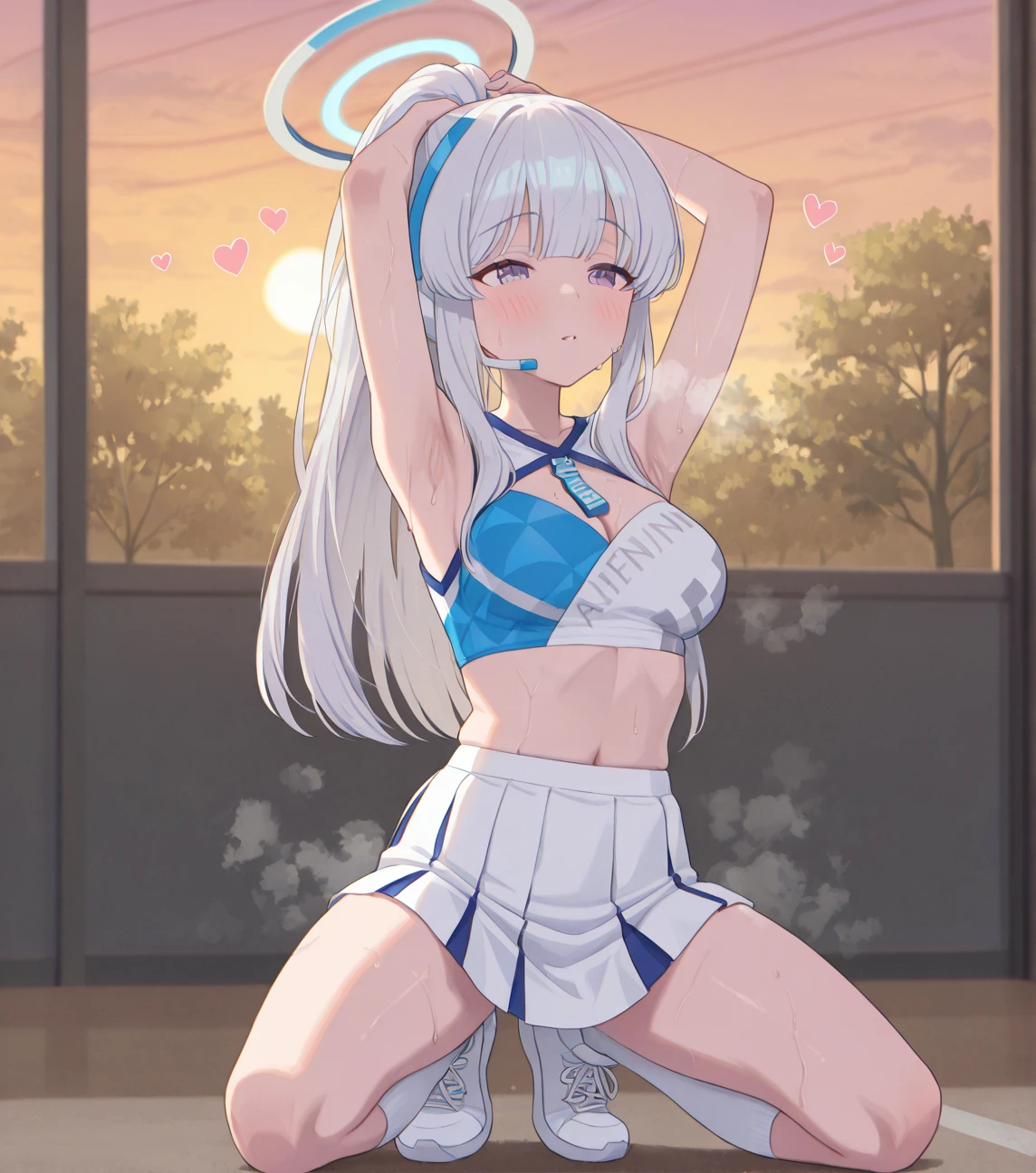 1girl, super cute, innocent, medium large breast, leaning_forward, (holding a placard above her head), perfect body, full of delight, smiling full of compassion, blushed. incoming kiss, fish kiss, half closed eye, half opened mouth,(extra long hair in high pony, beautiful blonde hair), (wearing round girl costume, putting on pin heel sandal ), ( the costume is glossy white silver fabric, shining like metal, flashy decoration), (full body shot), (focus on slim curve), In the ring of a martial arts arena, dazzling spotlight