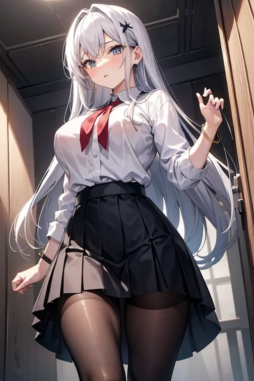 Insane Details, Bottom view, Long Shot (LS), bokeh, Crepuscular Ray, looking at the audience, ((a girl)), white hair, red eyes, small breasts, (disdainful expression), frowning, flushed cheeks, big white shirt, boyfriend shirt, wet body, (no bra), (no buttons)), ((hands behind you)), bare legs, (bare feet), standing, black panties, (sweat), slim figure, dim bedroom, dim lighting, ray tracing