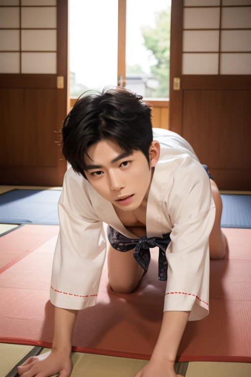 ,an embarrassed naked Japanese young boy skinny thin body with cute face,small and flat ass like a young boy sitting turning back sideways, turning half face to viewer on a chair without backrest ,showing naked ass, multiple friends surrounded him