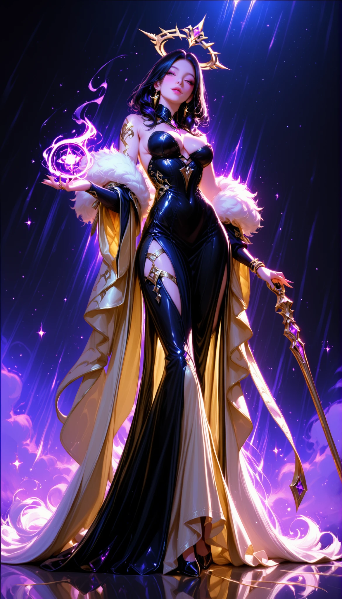 Create a highly detailed fantasy artwork featuring a stunning, ethereal female figure with an elegant and majestic appearance. She has long, flowing black hair adorned with a delicate golden crown or tiara, and her skin is porcelain smooth with a subtle glow. She wears a luxurious, deep purple and gold ornate dress with intricate patterns and shimmering accents that exude regal power. Her legs are gracefully crossed, revealing glowing golden markings or tattoos on her skin and ornate golden jewelry on her wrists and ankles. The background showcases a mystical, starry ht sky with glowing circular magic rings behind her, adding a divine and celestial atmosphere. Surround her with faint, glowing magic energy, and include elements like a mystical staff or weapon with purple and gold details. Emphasize a cinematic, fantasy style with vibrant lighting, intricate details, and a sense of divine elegance.