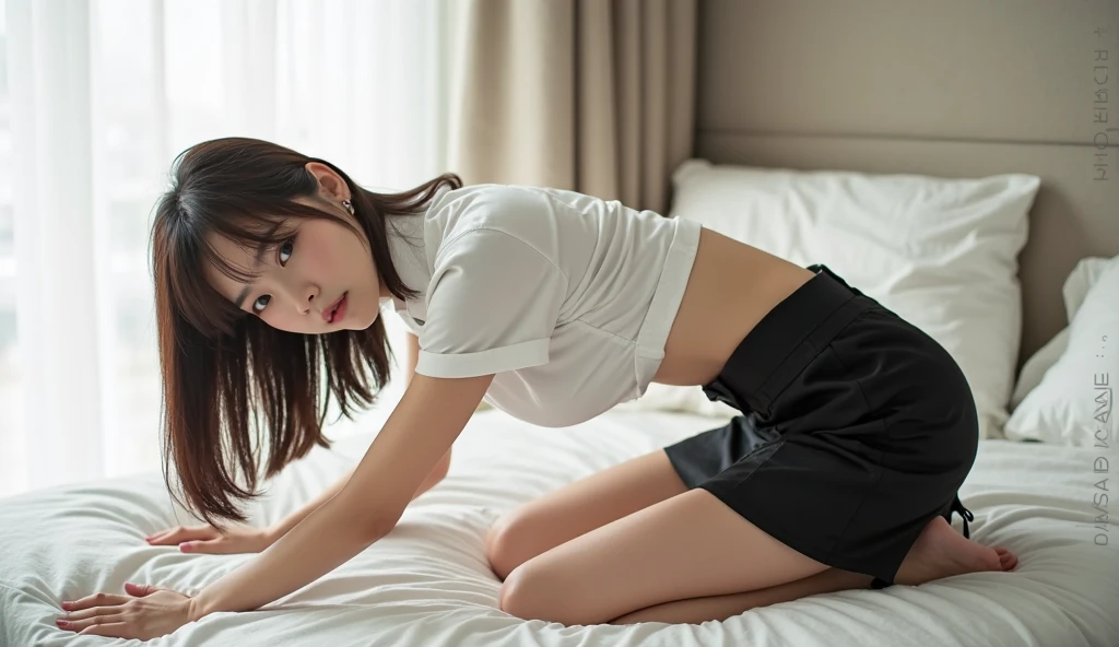 Japanese Beauty、Brown Hair、Barely、Flared mini skirt in black color、White T-shirt、indoor、Thighs、White legs、Flooring　Triangle sitting　Panty shot