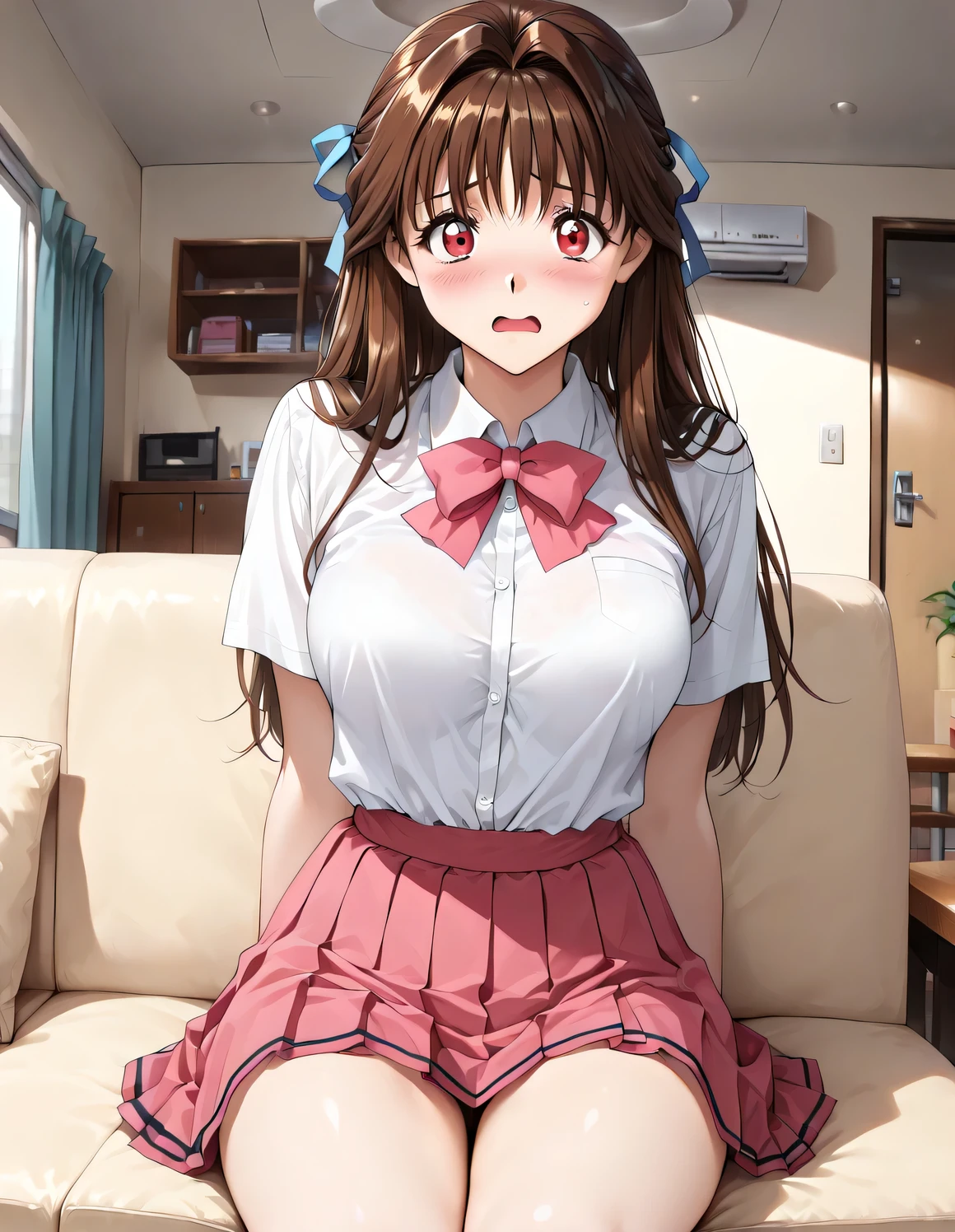 masterpiece, Newest, vibrant, Very Aesthetic, high contrast,mature woman,solo,((MinamizatoAi, 1girl, solo,long hair, brown hair, red eyes, bangs,hair ribbon, pink ribbon)),((school uniform,White Shirt,pink pleated skirt,blue ribbon)), (embarrassed,Trouble,shy,open mouth),((Apartment House,living room,sitting on a sofa,Detailed Background)),(front view),(look viewer),top quality, semi-realistic,kadoi aya style, Fullmetal Alchemist anime style,, ((Hentai comics ))