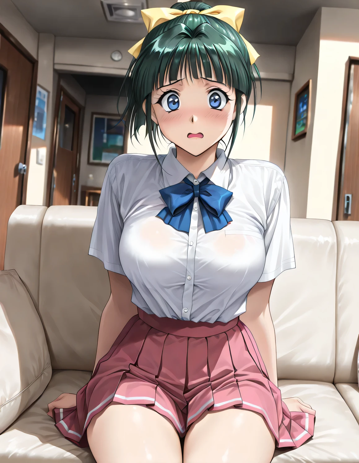 masterpiece, Newest, vibrant, Very Aesthetic, high contrast,mature woman,solo,((IijimaMiyuki, 1girl, solo, green hair, short hair, ponytail, blue eyes, Yellow bow, hair bow, bangs, breasts)),((school uniform,White Shirt,pink pleated skirt,blue ribbon)), (embarrassed,Trouble,shy,open mouth),((Apartment House,living room,sitting on a sofa,Detailed Background)),(front view),(look viewer),top quality, semi-realistic,kadoi aya style, Fullmetal Alchemist anime style,, ((Hentai comics ))