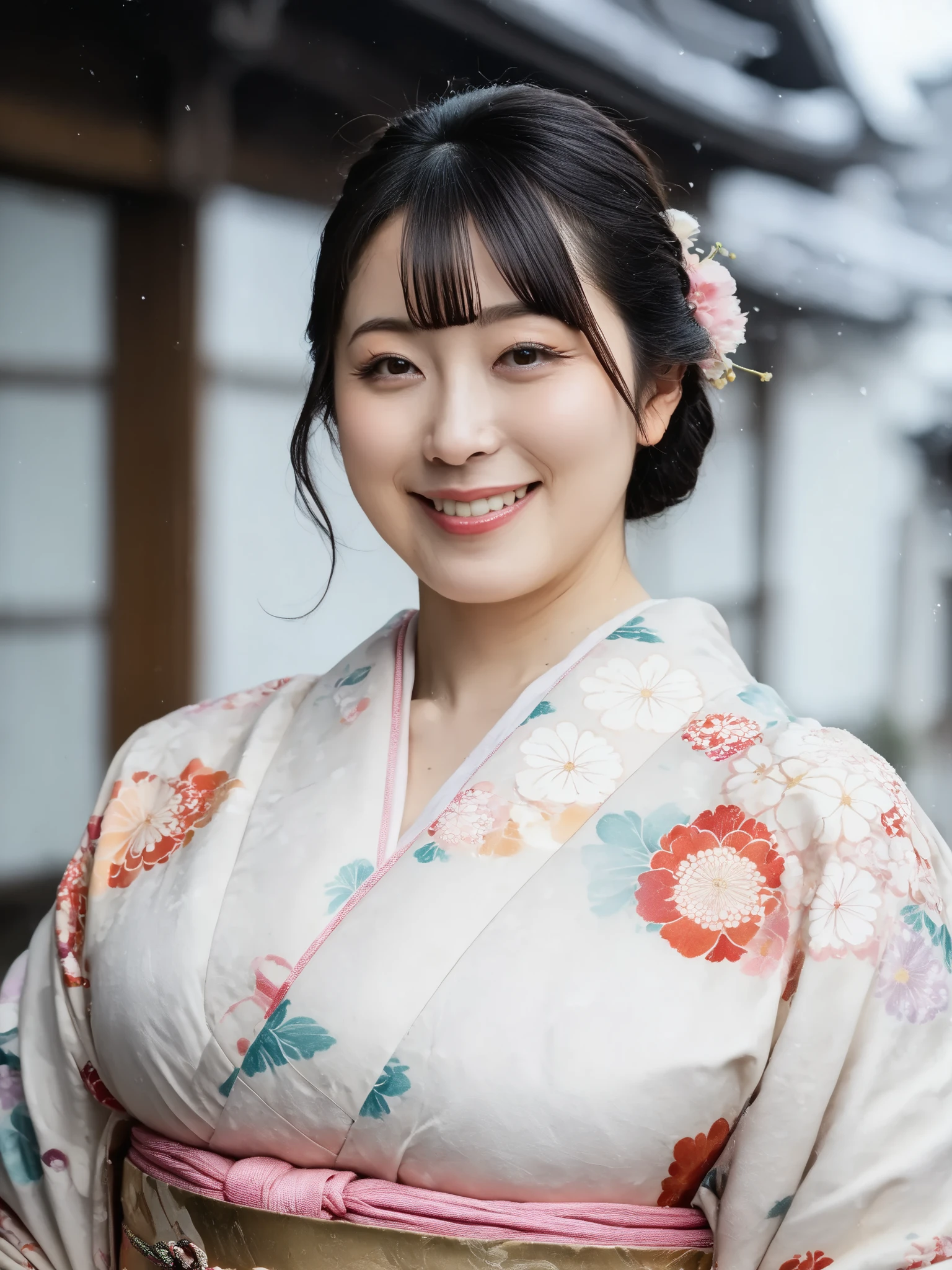 score_9, score_8_up, score_7_up, rating_safe, source_photo, realistic eye, realistic, photorealistic, Photograph, ultra photo-realistic, 8k uhd, highres, extremely detailed, cinematic lighting, masterpiece, best quality, ultra high res,(photo realistic:1.4), beautiful woman, japanese mature woman,smile,makeup, Long eyelashes, eyeshadow , black hair, blunt bangs, half updo, Traditional Japanese kimono, holding pillows ,gigantic breasts, plump, cleavage, curved,japanese inn
