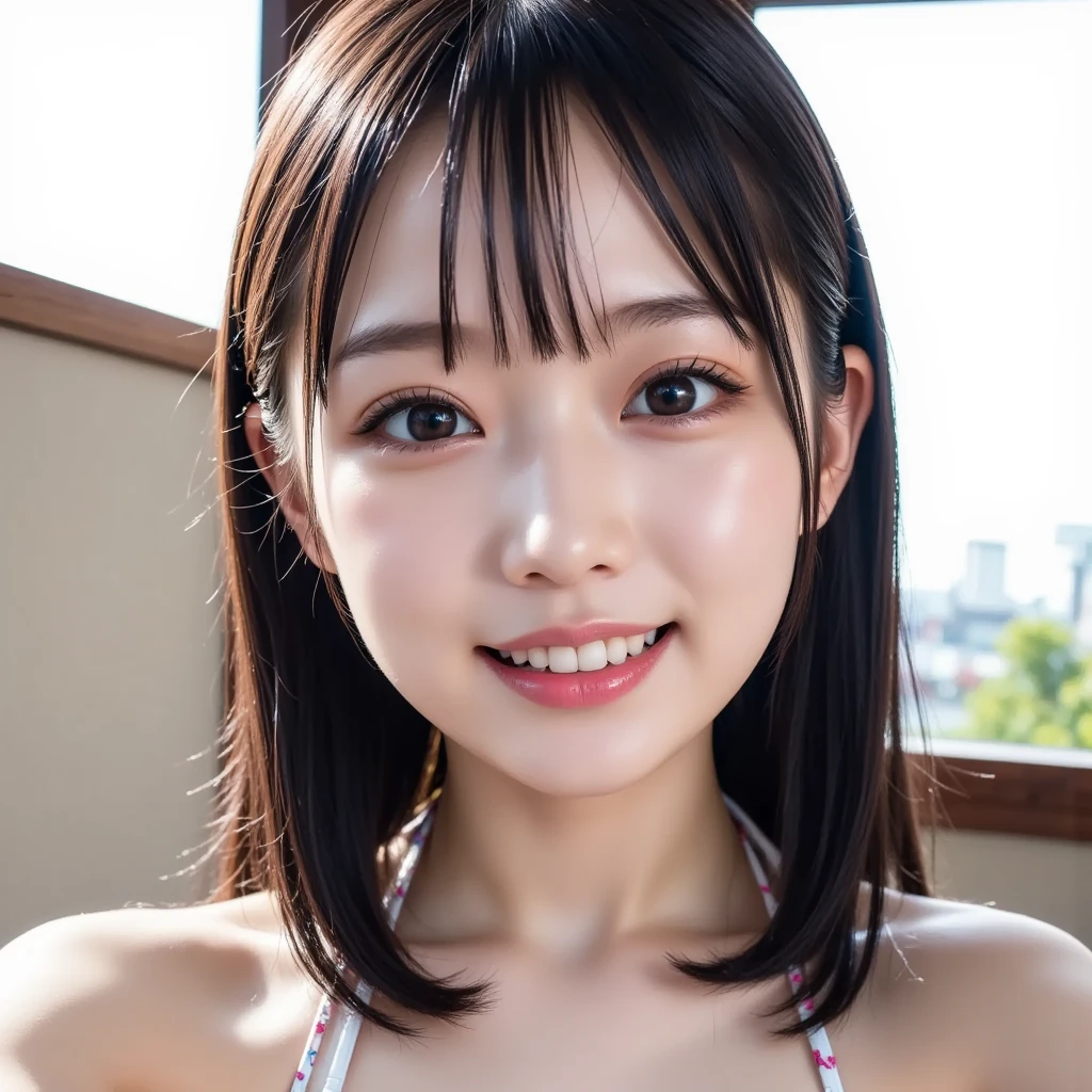 (Highest quality), (masterpiece), highly detailed, A naked Riho is resting the head of her protruding thick penis on her tongue, Oral sex,  body, Eyes that are evenly shaped, Big eyes, Droopy eyes, A dreamy look, Her face is covered in semen, she does shy smile, she is blushing, Beautiful mouth, Beautiful penis, get creampied, School swimsuit, A simple background with just a sheet,
