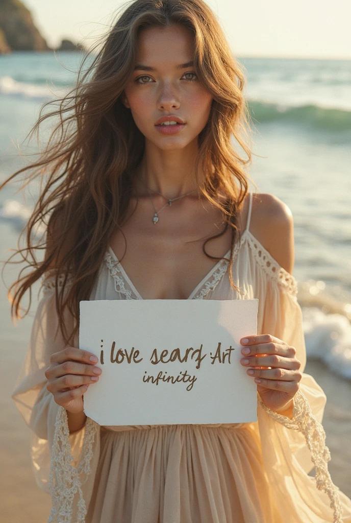 Beautiful girl with wavy long hair, bohemian dress, holding a white board with text "I Love Seaart Infinity" and showing it to the viewer