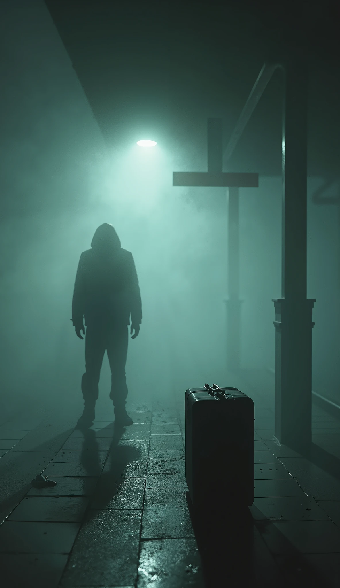 imagine a human shadow caught in the fog, a suitcase abandoned on a station platform, sinister light,