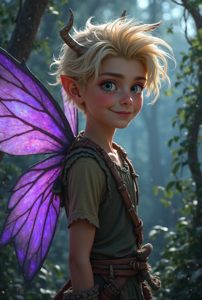 A boy holding a fairy in his hands who looks at him attentively, the young man with green hair and the fairy with short brown hair.