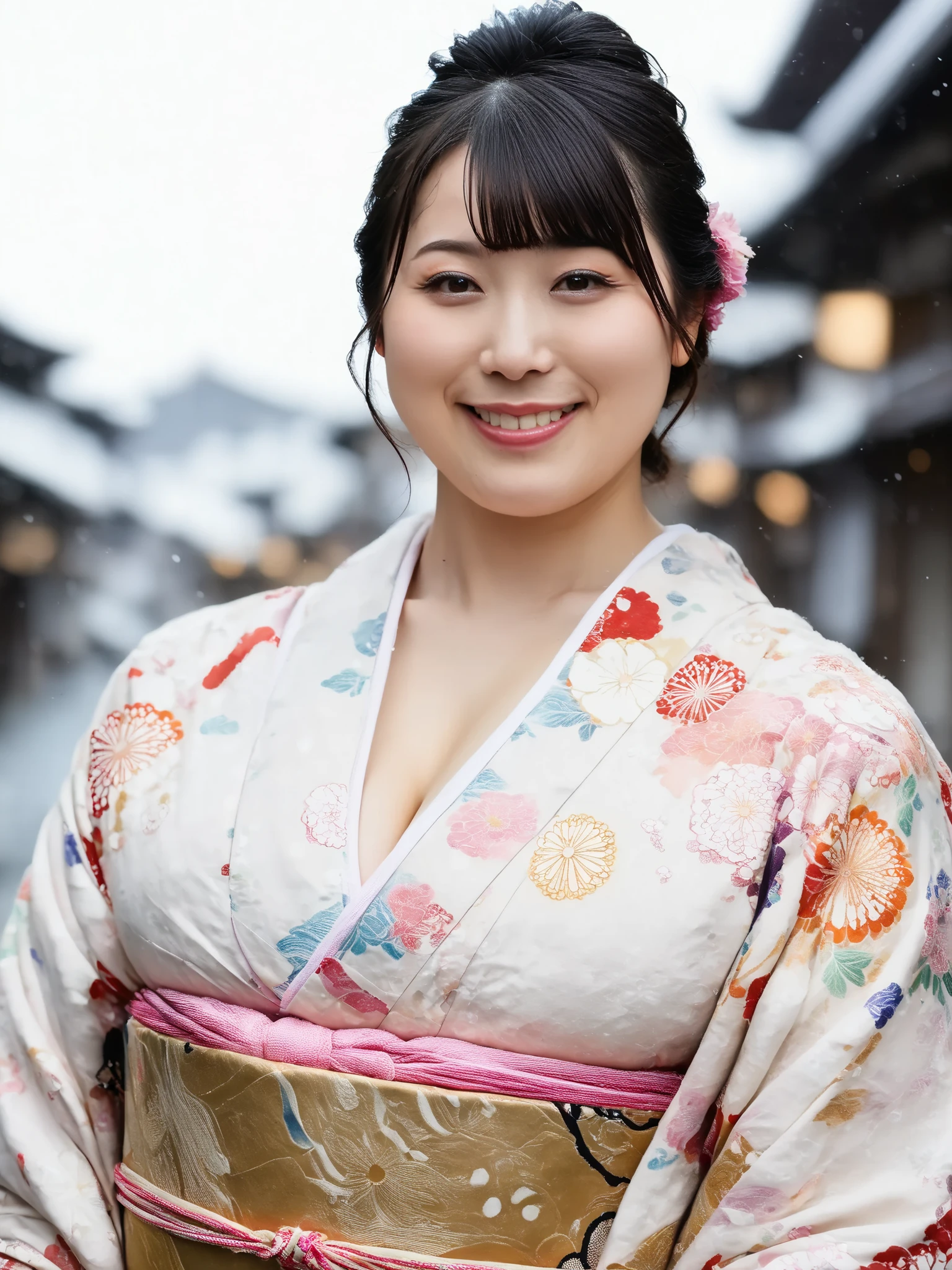 score_9, score_8_up, score_7_up, rating_safe, source_photo, realistic eye, realistic, photorealistic, Photograph, ultra photo-realistic, 8k uhd, highres, extremely detailed, cinematic lighting, masterpiece, best quality, ultra high res,(photo realistic:1.4), beautiful woman, japanese mature woman,smile,makeup, Long eyelashes, eyeshadow , black hair, blunt bangs, half updo, Traditional Japanese kimono,(holding pillows) ,gigantic breasts, plump, cleavage, curved,japanese inn