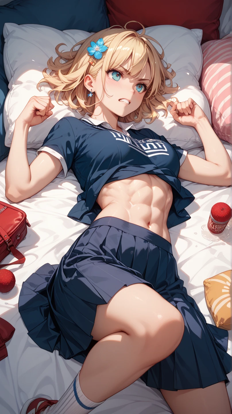 masterpiece, best quality, ultra detailed, ultra high resolution, very detailed face, solo, ((anime)), 20 years old girl, (((sports bra, pantie))), ((golden short hair)), (((medium breast))), (six pack abs:1.2), (((put hands around the navel))), ((little smile)), (((lying on the bed))), indoor