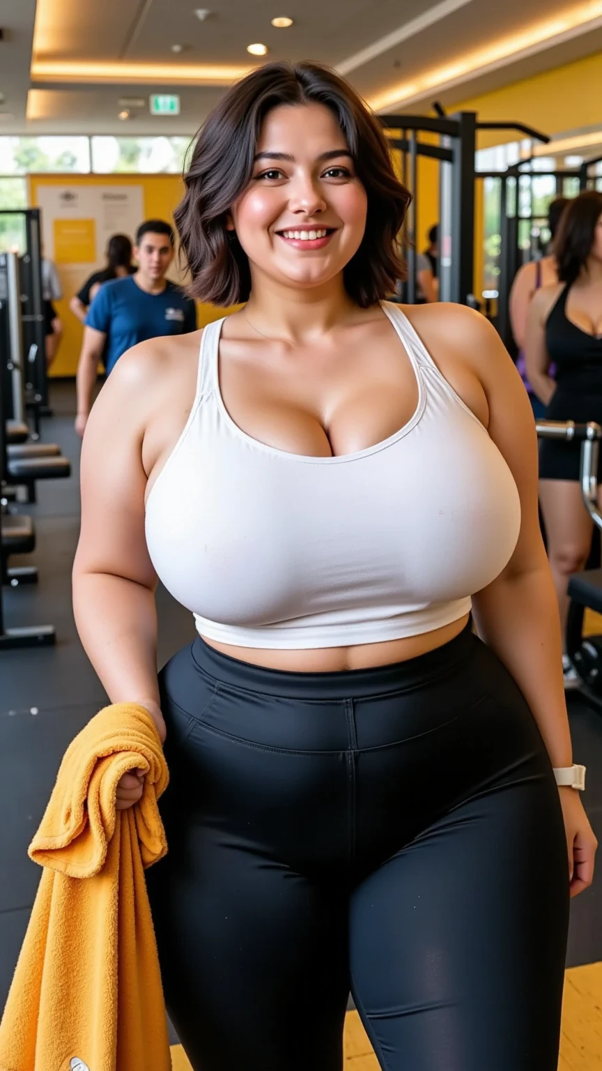portrait from head to knees、sozinho、high school girl、Forma natural do corpo、Pele branca、maquiagem natural、cabelo preto、franja、cabelo liso longo、((School-designated gym clothes))((White Upper Body Workout Clothes、Bainha longa))、((Bloomers justos tamanho S azul marinho))、(((Tuck the bottom of your gym clothes into your shorts)))、seios grandes、((Upper body is wearing gym clothes))、looking at the camera、Concentre-se na virilha、Your fat thighs are on display、((andar))、(((corredor da escola)))