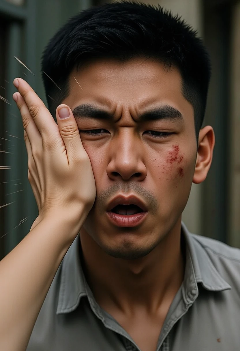 People holding a knife behind a person in front with their hands on their face crying
