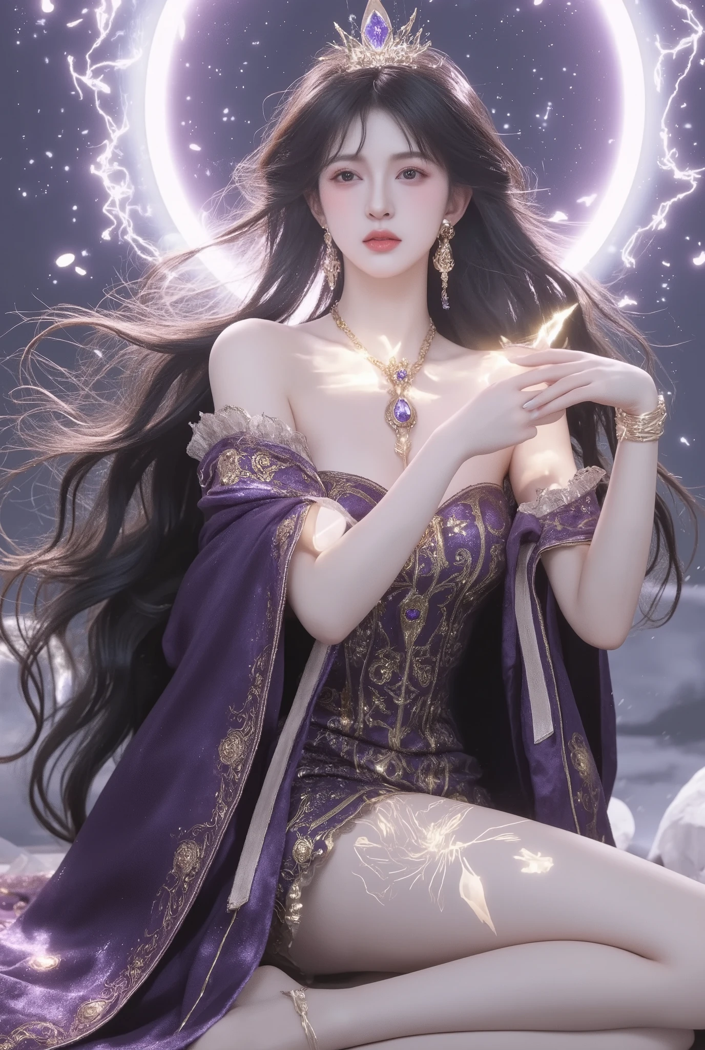 Create a highly detailed fantasy artwork featuring a stunning, ethereal female figure with an elegant and majestic appearance. She has long, flowing black hair adorned with a delicate golden crown or tiara, and her skin is porcelain smooth with a subtle glow. She wears a luxurious, deep purple and gold ornate dress with intricate patterns and shimmering accents that exude regal power. Her legs are gracefully crossed, revealing glowing golden markings or tattoos on her skin and ornate golden jewelry on her wrists and ankles. The background showcases a mystical, starry ht sky with glowing circular magic rings behind her, adding a divine and celestial atmosphere. Surround her with faint, glowing magic energy, and include elements like a mystical staff or weapon with purple and gold details. Emphasize a cinematic, fantasy style with vibrant lighting, intricate details, and a sense of divine elegance.