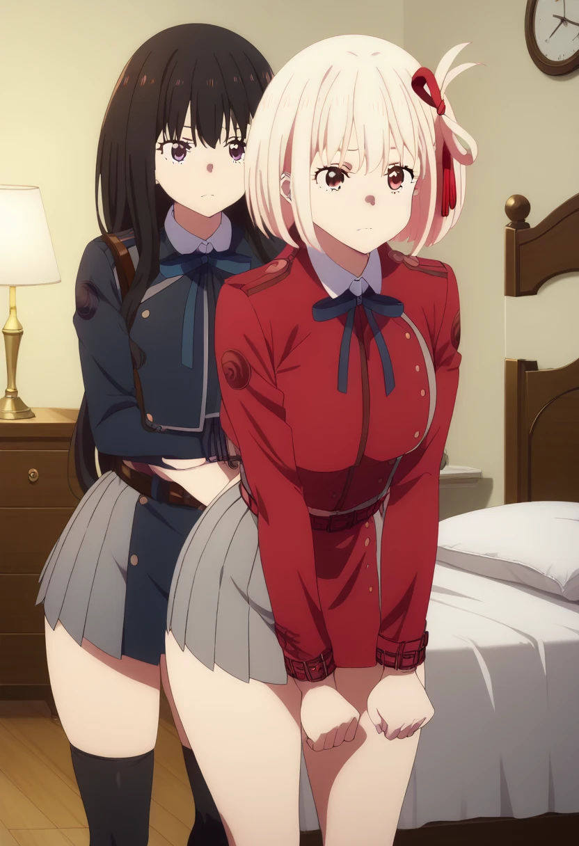NSFW，SEX，(masterpiece), (best quality),lycoris,Chisato+takina,
2girls,hug each other,kiss，clothed,buruma，gymnastic suit,(((right girl is purple eyes, left girl is red eyes))),((( right girl is black long hair))),left girl is blonde short hair,