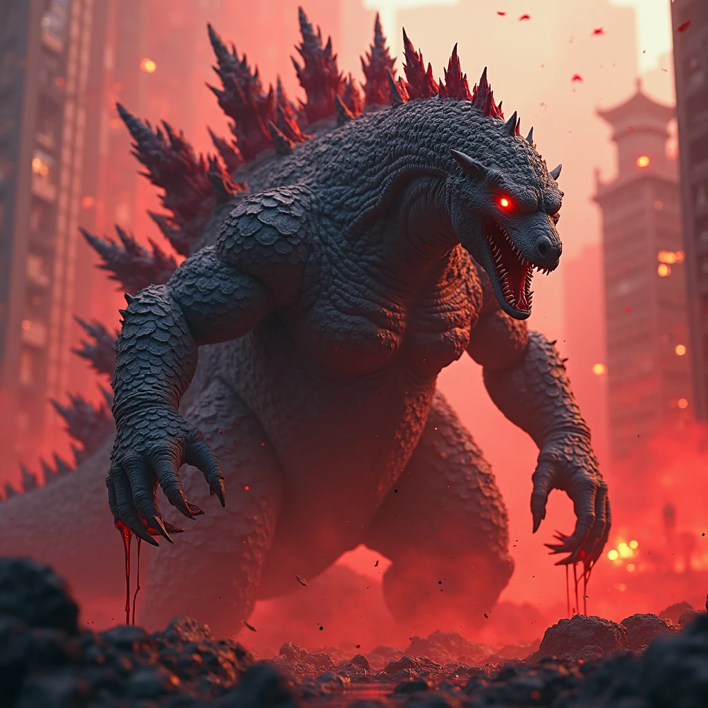 solo,godzilla,facing side,cool,terrible,breaking buildings,cloudy sky