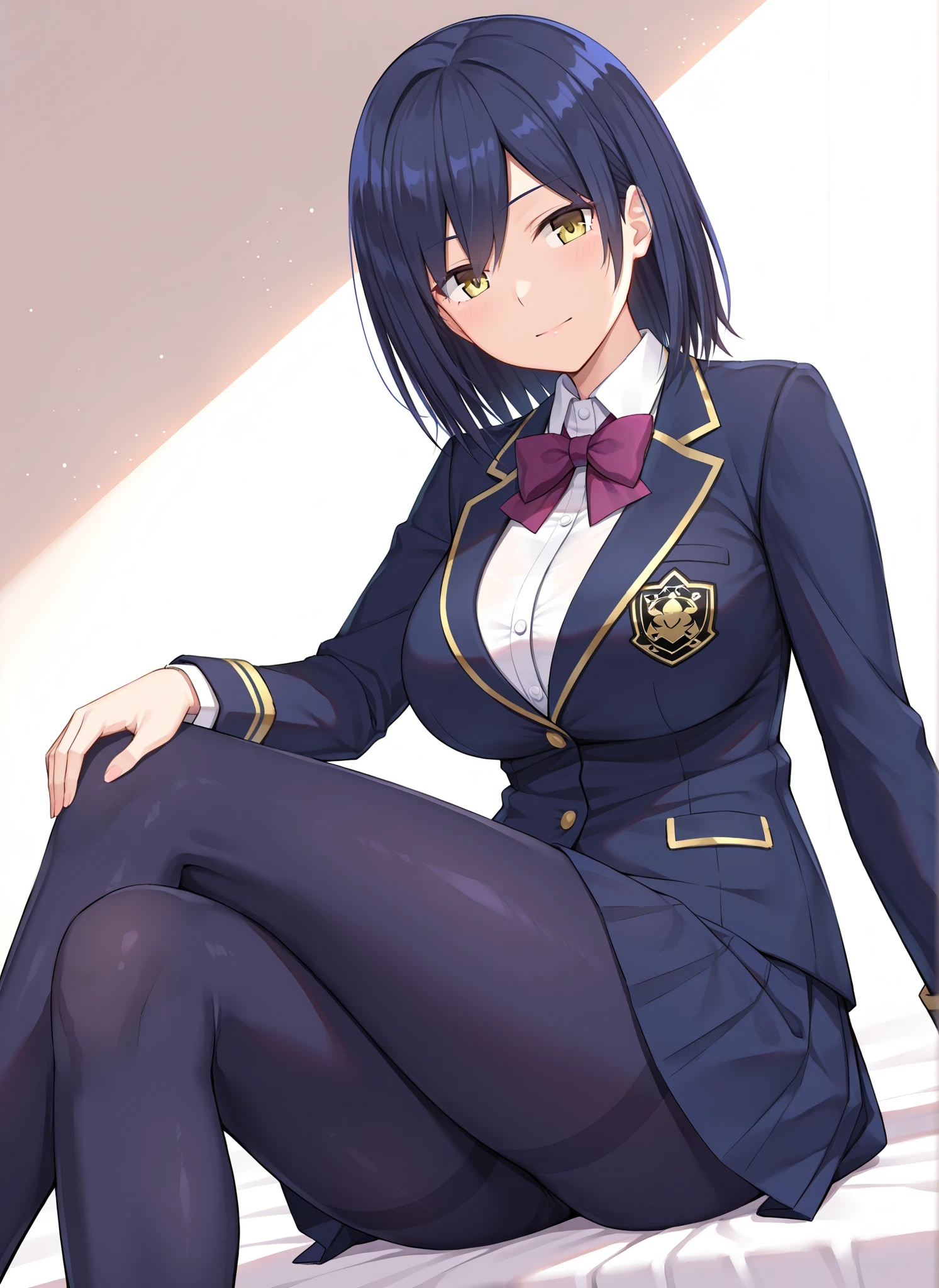 solo,masterpiece,best quality, amazing quality, highres, absurdres, very aesthetic, high resolution, ultra detailed, perfect details,nijirin,large breasts,yellow eyes,blue hair,black hair,moles,medium hair,nijirincos,white shirt,collared shirt,purple bowtie,blazer jacket,blue jacket,closed jacket,blue skirt,miniskirt,pleated skirt,dark blue pantyhose,(masterpiece, detailed:1.2)、look at viewer,mature female