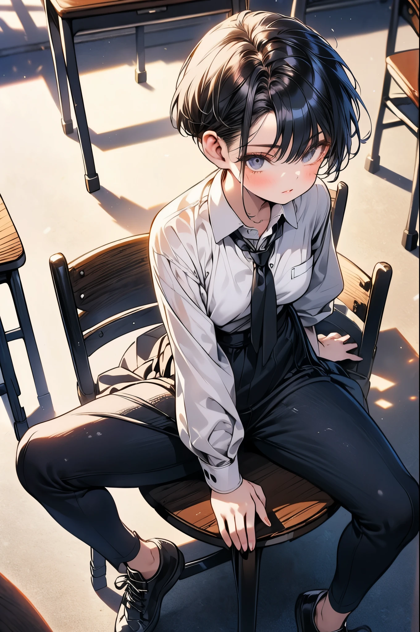 ((top quality))、(Solo), (school girl), Cool and serious high school girl、((shiny black hair, very short hair that is at the height of both ears))、Clear, dark-eyed eyes、 sweaty white skin in a bright room、(A cute, thin, small body with a height of 103 cm)、(A white shirt with a school tie that fits perfectly to the body and arms, and long black pants and indoor shoes that clearly show cracks in the pubic area)、(The shirt is in close contact with the skin and the small, plump breasts and areolas are transparent)、Whiplump buttocks and thighs、(((with your hands on your hips and spread your legs wide)))、((looking up at me in the classroom))、((illustration seen diagonally from head to toe))