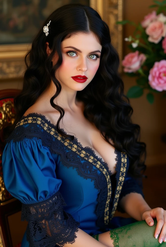 Create An Intricate Illustration With An Enchanting Girl With Long, Flowing Black Hair, And An Alluring Yet Cute Countenance. Her Most Striking Features Include Whimsical, Deep Blue Eyes That Seem To Hold A Touch Of Mischief And Full, Sensual Crimson Lips. She Is-Buxom, Wearing A Elegant Dress Made For Royalty. The Girl's Demeanor Is-Vivacious, With An Air Of Intelligence And An Underlying Playfulness. She Carries An Enchanting Hint Of Naughtiness. The Backdrop Has An Otherworldly Castle, The Image Should Capture Her Captivating Beauty And The Sense Of Wonder Brought By The Ethereal Castle.