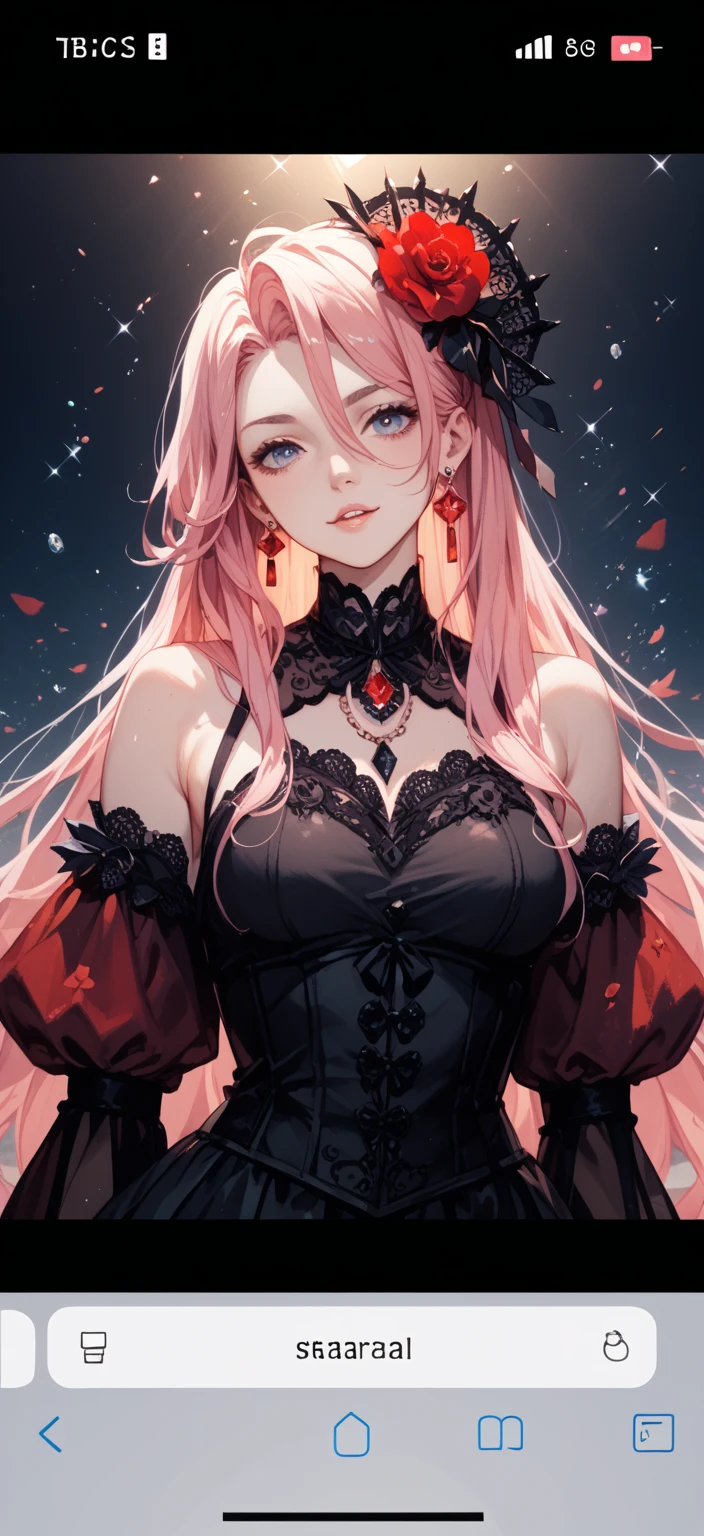 masterpiece, highlydetailed, ultra-detailed, solo, (1woman), long hair, pink hair, young woman, demon woman, vampire, complex black demon horns, beautiful, enchanting, red eyes, elegant, big breast, charming, Creepy, glaring, cruel, casual clothes, Authoritative, Smirk
