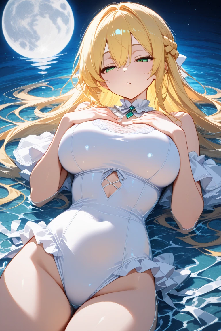 ((top quality)),(ultra high resolution),(Super detailed細),(detailed description),((the most picturesque works of art),super precision art,amazing art of depiction,fantasy art:1.5, ((Beautiful flowers々:1.5)), (Body eroded by flowers:1.3),glamorous body:1.3,fancy background effects、masterpiece、fancy details、(NSFW 1.1), ((1 girl)), ((muste piece)), ((extremely detailed:1.3)), in crystal clear water,beautiful woman entering the lake, ((long yellow hair)), wet hair, Wearing a light transparent dress, Bathing clothed, steam, (Rose petals floating in water:1.3), early morning light, ivory gold AI, windows, crepuscular lighting, 、see-through lace underwear、very huge boobs、Pink nipples、pink areolae，透けて見えるPink nipples、透明なpink areolae、lace and string shorts.、princess carry,Sexy lingerie with lace and strings,See-through sexy lingerie,transparent lingerie、translucent dress、pearlsescent、pearls、sexy harness、sexy garter belt、Sexy Stockings、Arranged,intimate, rose garden、colorful roses、lake with floating roses、lying down、Open legs、spread your legs、open thighs、soak in water、wet body、splash of water、gorgeous flower decoration、big flower、stylish hair、the moon, Lantern, night time, solo, water play, The water, hair flower, flower, Outdoors, sky porn, full the moon, Shigure, Lantern, clothes soaked in water, sky porn, wet hair (((muste piece),(Highly detailed CG Unity 8K wallpaper),best quality,cinematic lighting,detailed background,beautiful detailed eyes,bright pupils, (very delicate and beautiful),(Beautiful and detailed eye description)， Super detailed,muste piece,)),((yellow eyes))、glasshouse、garden、sacred place、