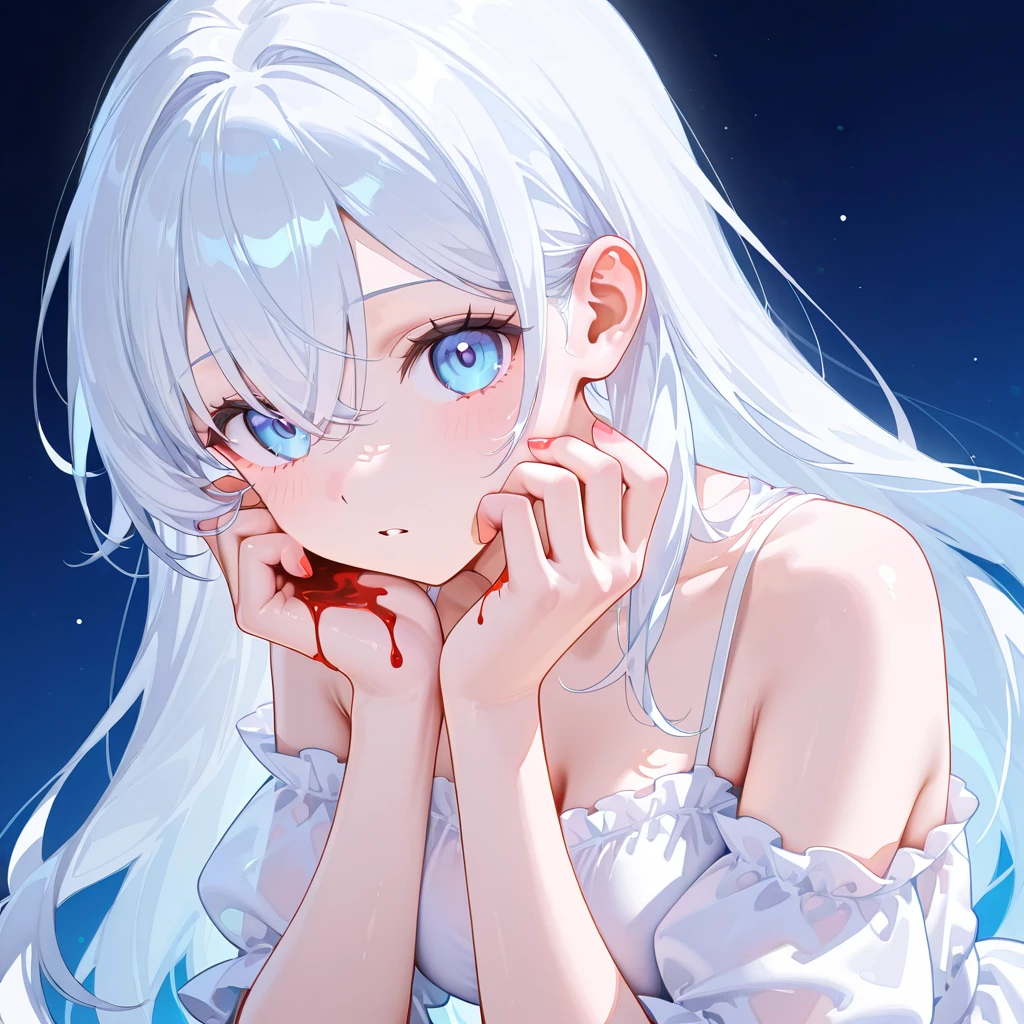 masterpiece, best quality, 1girl, solo, crazy smile, evil face, seductive, dim lighting,medium breasts, standing on water, blood stain, dark background, red glowing ringed eyes, cinematic lighting, strong rim lighting, short hair, silver messy hair,cel shading, photo, film grain, choker,extremely detailed face, upper body, (night, moon), floating petals, beach,blood splatter, scar on skin, mature face, from above, from side, evil grin, virtual rendering, <lora:epi_noiseoffset2:0.65>, glowing eyes, bright, purple theme