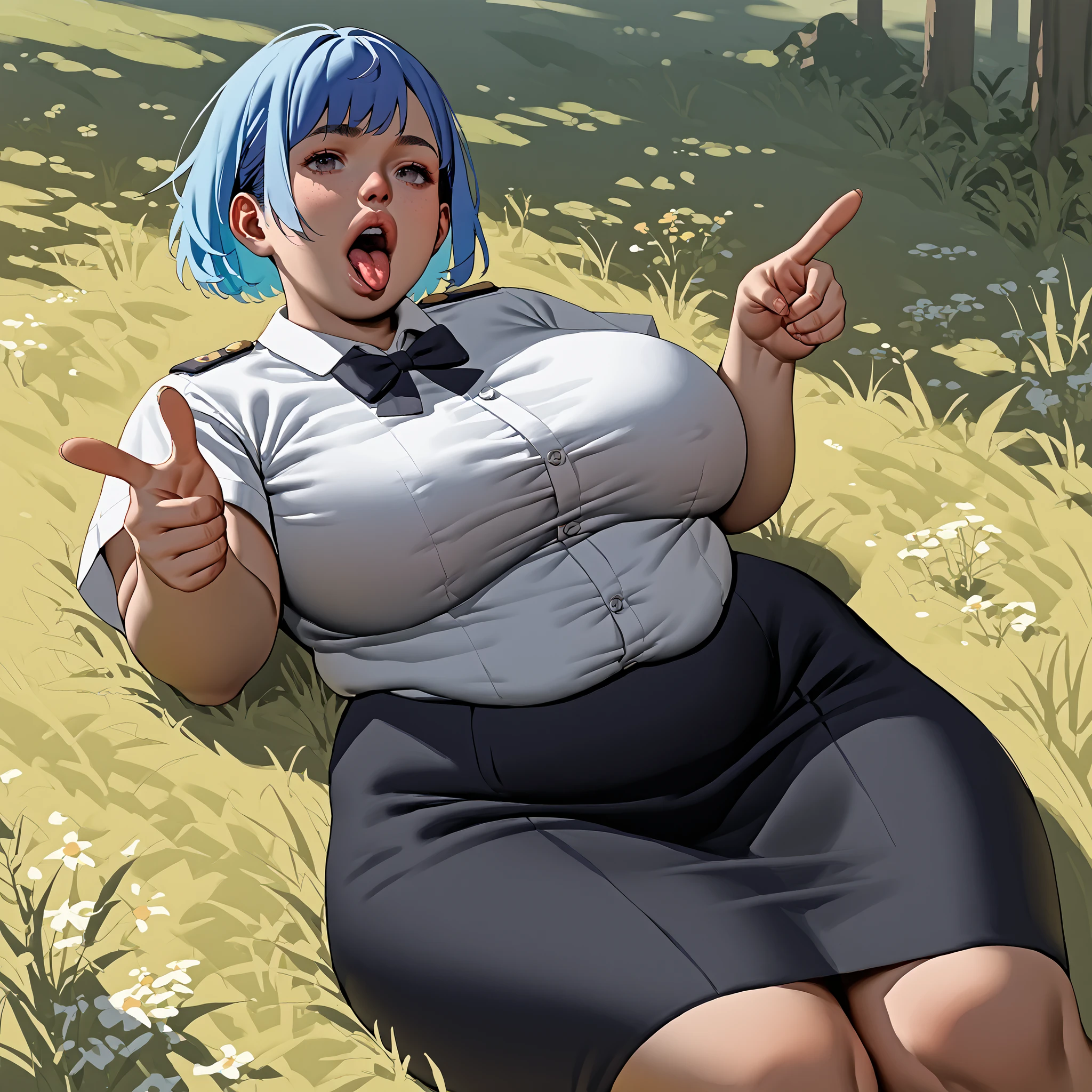 ((Masterpiece, best quality, high quality, highly detailed background)), ((hotel bedroom, indoor, city skyline big window view, (blue sky:1.3), on the bed)), ((lady_nagant, (mature female), short hair, streaked hair, medium hair)), ((large breasts, pregnant:1.3)), ((nude:1.3)), ((looking down, from below, spread legs, hands behind back, cum in pussy, overflowing cum)), ((smile, closed mouth, blushing, looking at viewer))