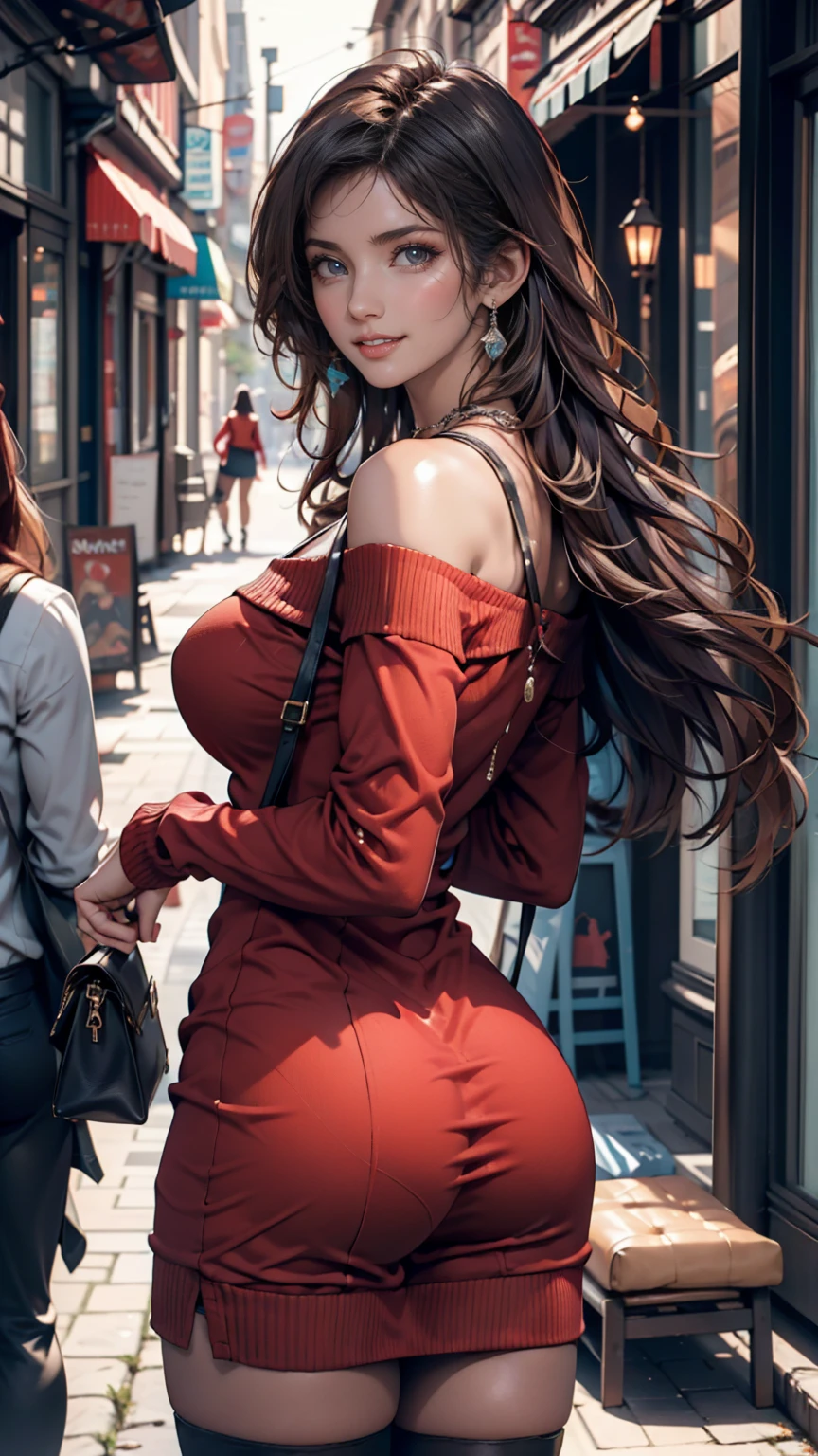 Stunning 3D rendering of a beautiful woman in shorts, Red dress, Lush tree々posing seductively in a narrow alley surrounded by. The iconic Eiffel Tower in the background々Standing there. Woman playfully lifts her dress、Showing her attractive ass。, Make the scene sensual and playful. Photos have a vibrant and glossy finish, Highlights feminine curves and full figure.
