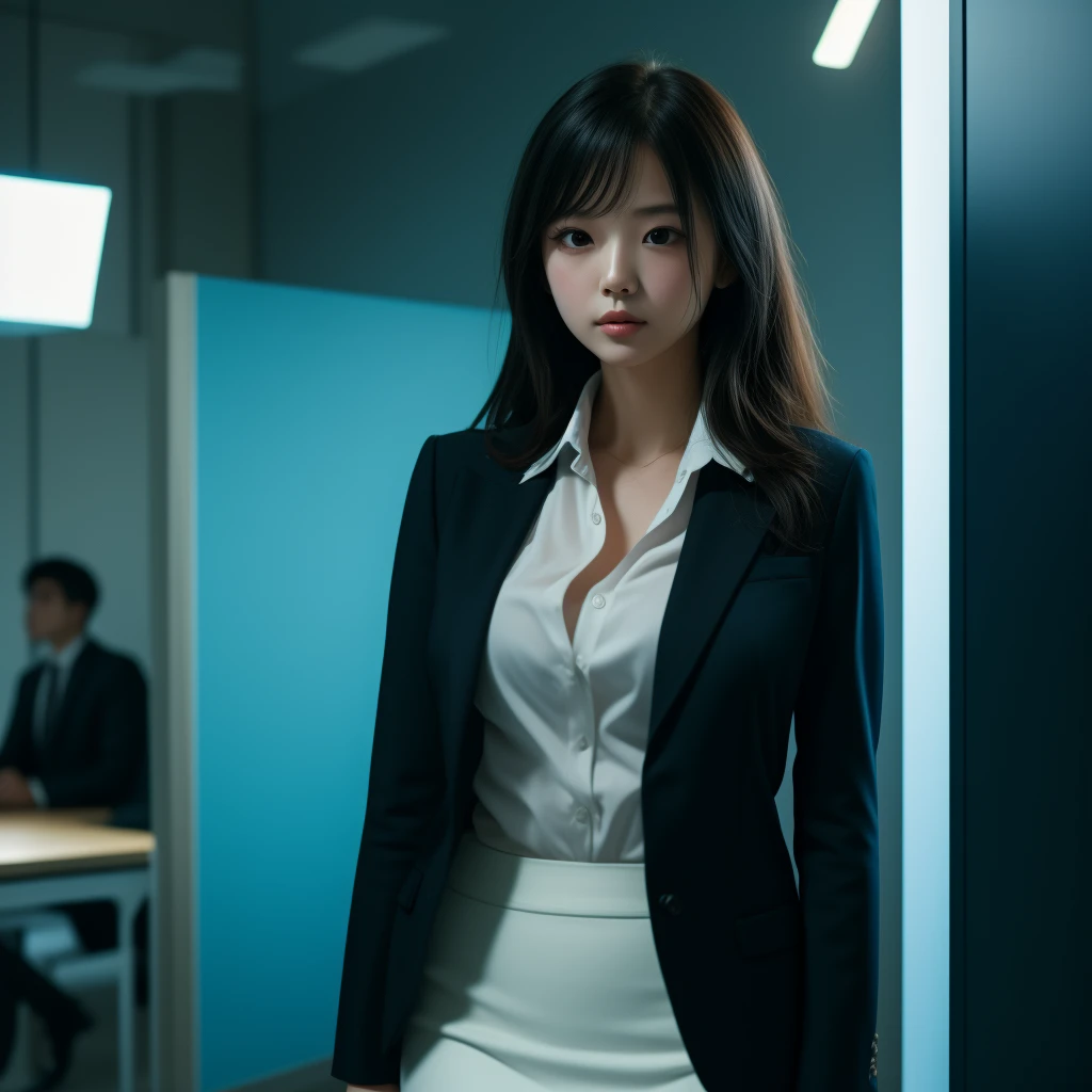 A woman in a suit using a tablet in the room, Serving, Xuan Yunzhu, Real-life stills, Park Shin Hye plays a super villain, Complete equipment, Using the Magic Tablet, Lee Ji-eun plays the super villain, Side pose, [ Realistic photos ]!!, Shin Min-jung, Serious business, lazy, Elegant appearance