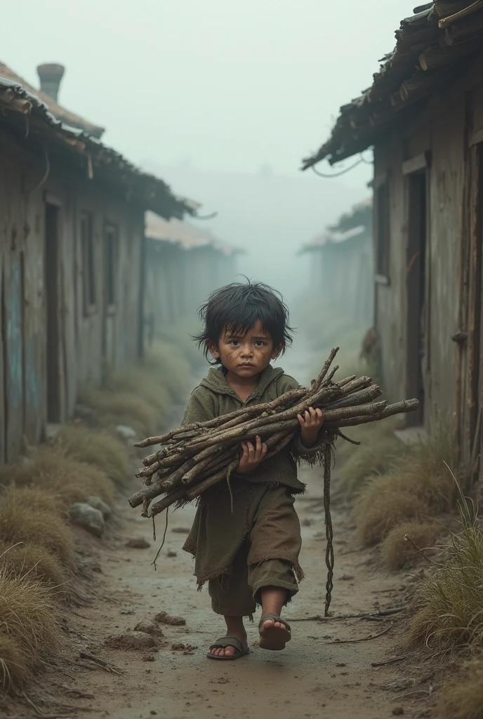 Seven-year-old homeless boy carrying firewood