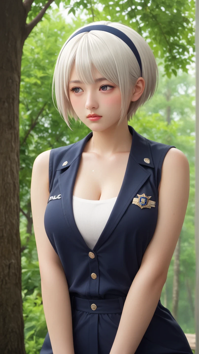score_9, score_8_ upwards, score_7_ upwards, score_6_ upwards, score_5_ upwards, score_4_ upwards,focus solo girl , hair band, white hair, short hair, large breasts larger than waist, , very sexy posing:2, erotica, only towel on the body:2 , climbs wet , hamabe minami:2,((painfull expression:2)),half open eyes,
Break
((restraints arms by rope:2,lifted arms by rope)), half wrapped in a towel ,Daytime, looking away, in forest, sad expression,dynamic pose resisting from man violent:2,nose blush with libido:2, girl arms restrained from tree branch ,
fat man grabbing breast with police suits,grab breast by another man,
