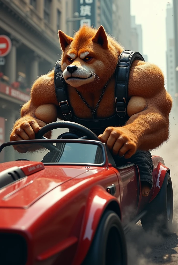 Create Mr. Wolf, a muscular male figure, in a luxurious car, bare-chested and shining with sweat from the summer sun. His chiseled abs and bulging biceps are a testament to his dedication to fitness, contrasting with the plush leather interior of the vehicle. Sunlight filters through the car windows, casting golden rays over his toned body as he leans casually on the steering wheel, a smirk playing at the corners of his mouth. The image, rendered in high-quality 3D, is a masterpiece of realism, with every muscle, every pore, and every vein detailed and lifelike. The depth of field effect adds to the