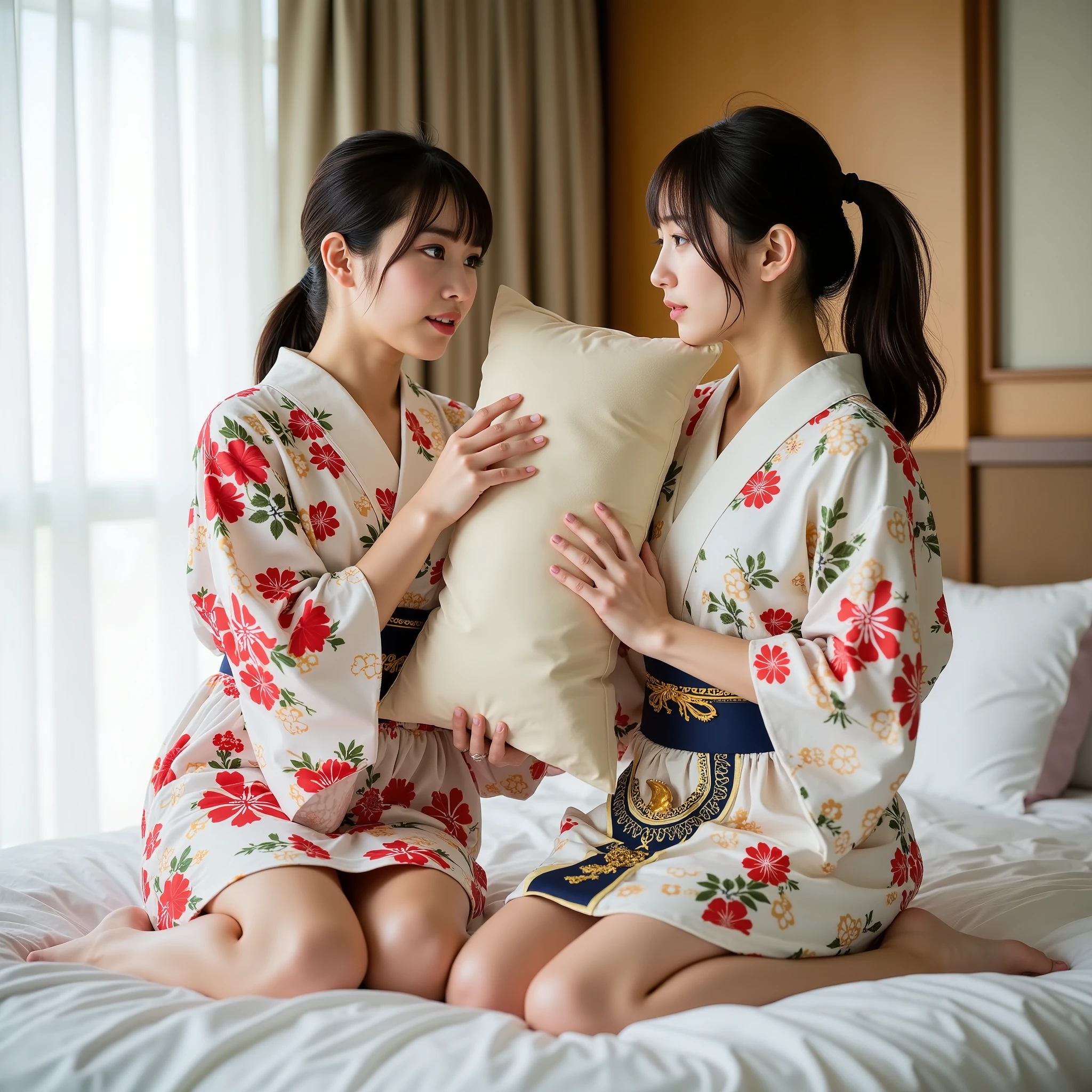 (masterpiece, top quality: 1.3), (Super Real, photorealistic wearing a knight costume: 1.2), (nsfw: 1.3), (full body: 1.2),  Natural Light, 25-year-old Japanese top idol, (2 girls:1.2), Japanese woman, (Yuri:1.3), (lesbians: 1.2), neat, (Wearing a yukata, sleeveless: 1.2), (I'm lifting a pillow、scene where they happily throw pillows at each other: 1.15), BREAK,
(after the first: 1.2), (ponytail:1.3), (Beautiful Face), Beautiful Eyes, Kind Eyes, Beautiful skin, Small Faces, Beautiful mouth, Laugh out loud:1.10, natural makeup, (seductive poses: 1.2), (beautiful thighs: 1.2), embarrassed, luxury hotel sweet room, 