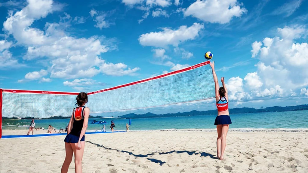 Boys 19-22 years old play beach volleyball against a blue sky. Athletic figure, orange slips in the style of Caravaggio, watercolor