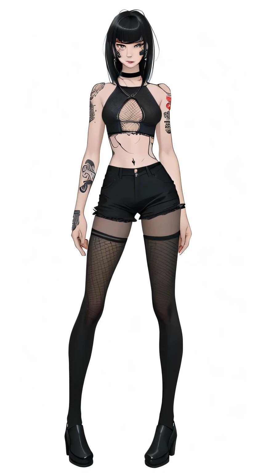 Girl with black hair black tank top black and a black shorts with tattoos on one leg