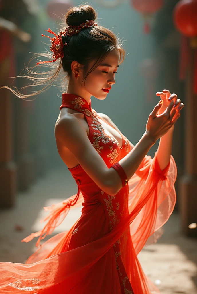 In ancient China, the Tang Dynasty, a woman wearing a red dress of shiny silk fabric, a thin dress, sits in a beautifully decorated bridal chamber on a bed during a Hanfu wedding ceremony, leaning on her body to support her husband, using martial arts postures.