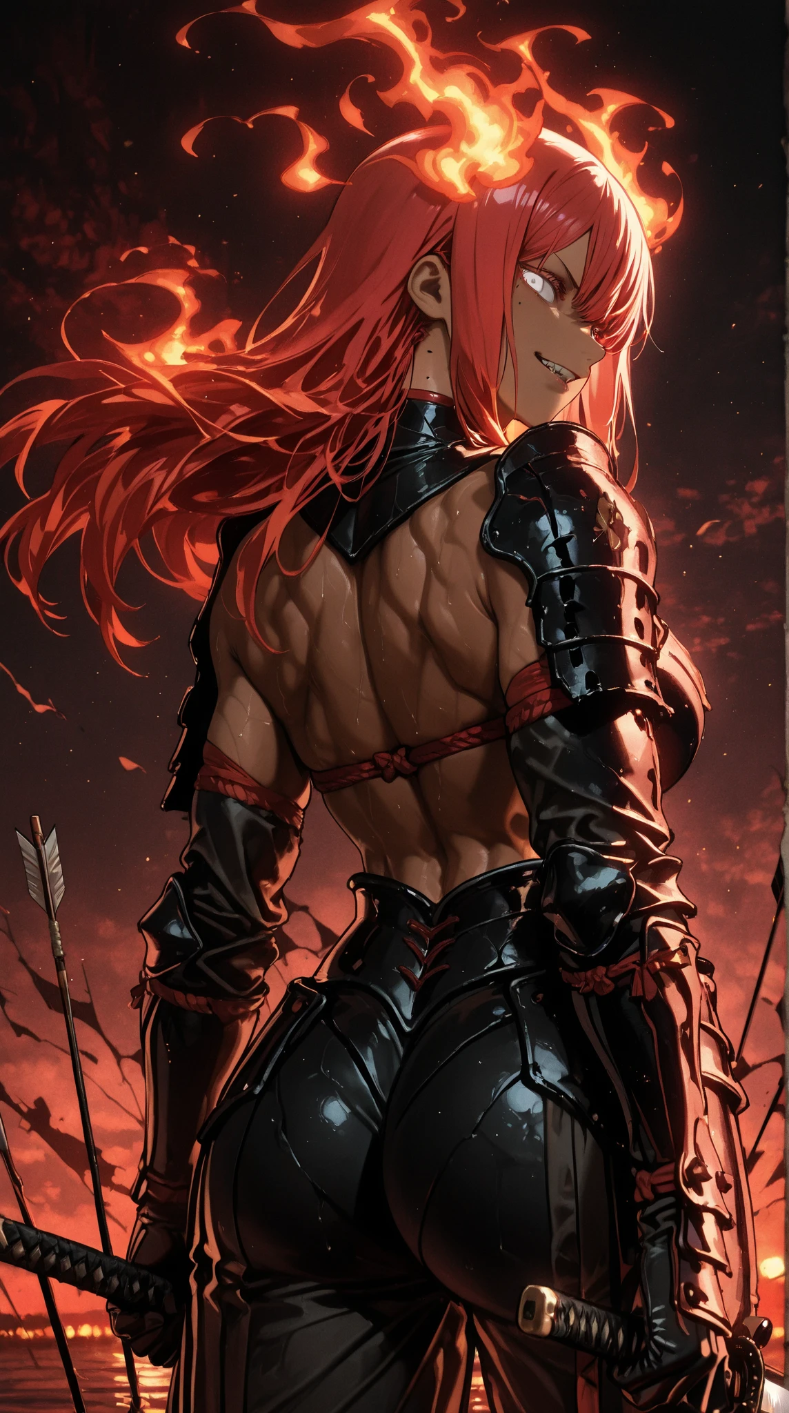 夕暮れの日本の古battlefieldに立つ傷ついた侍の後ろ姿、Other Samurai Falling Down by the River with the Sunset Reflected on the Water、Looking Back by Holding a Bloody Japanese Sword Sideways、Three Fiery Red Eyes with White Eyes、Characteristic Canine Teeth、Sooty and Dirty Dark Skin、mole、sharp chin line、Salty-faced handsome man、toned body、Based on the red and black Japanese back view with details、Broken Arrow Stuck in the Armor、Middle Range Wide Shot、Deep Diagonal Composition、Dim and creepy atmosphere、Dark and Cool Colors、Satu Kingdom Era、battlefield、dark_art_style、masterpiece、Ultra High Definition Digital Art、wide-angle lens、Long Continuous Exposure