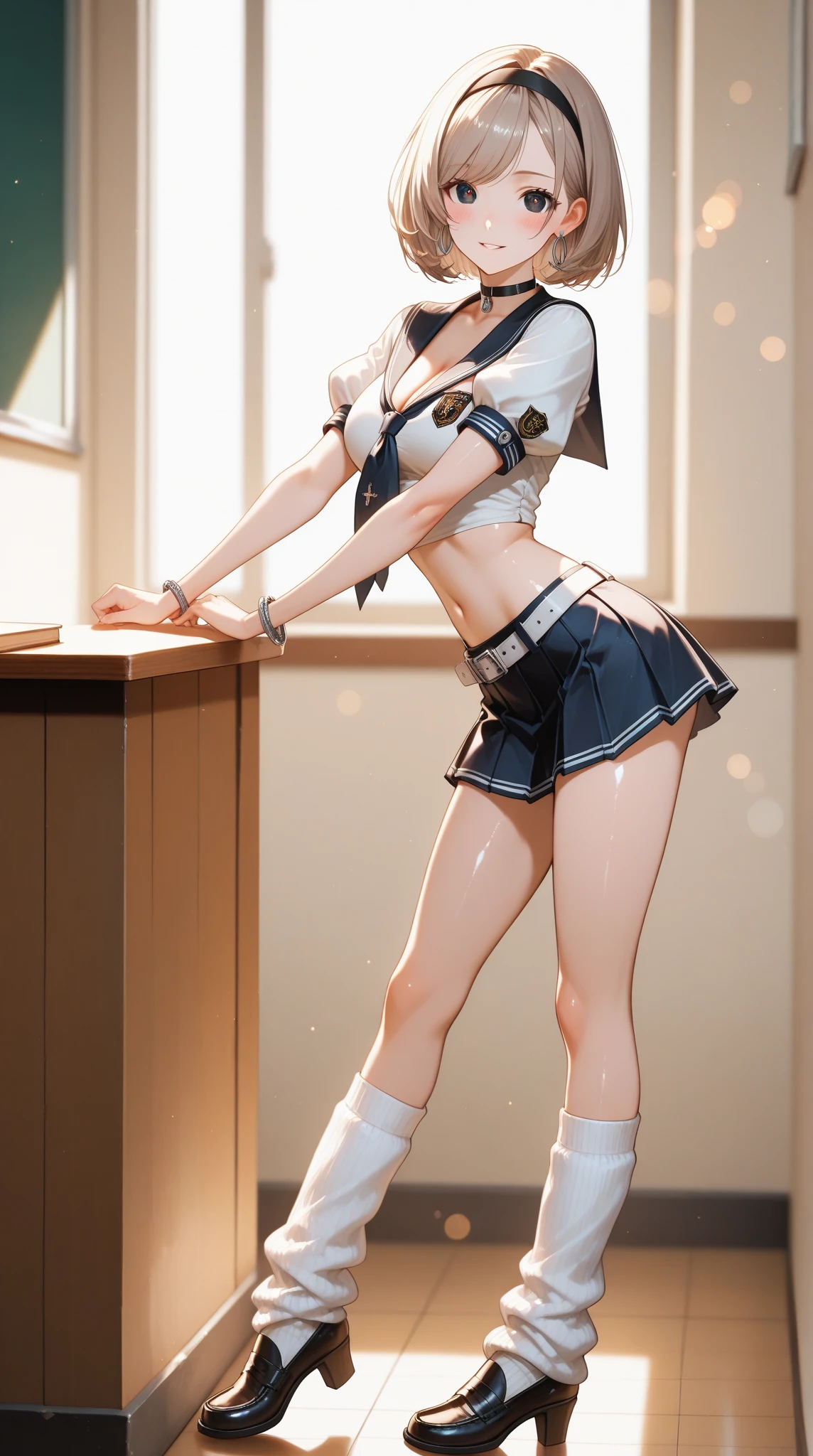 Woman in a prison, ((white crop top sailor suit)), blue student skirts, open navel, open belly, (show abdomen area), (((pillory))), 