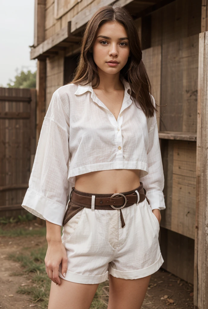 1girl, High-Waisted Wide-Leg Pants, crisp white button-up blouse, metallic finish belt, roomy tote brown bag, gallery festival, outdoors, blond hair, high resolution, shot on iphone,