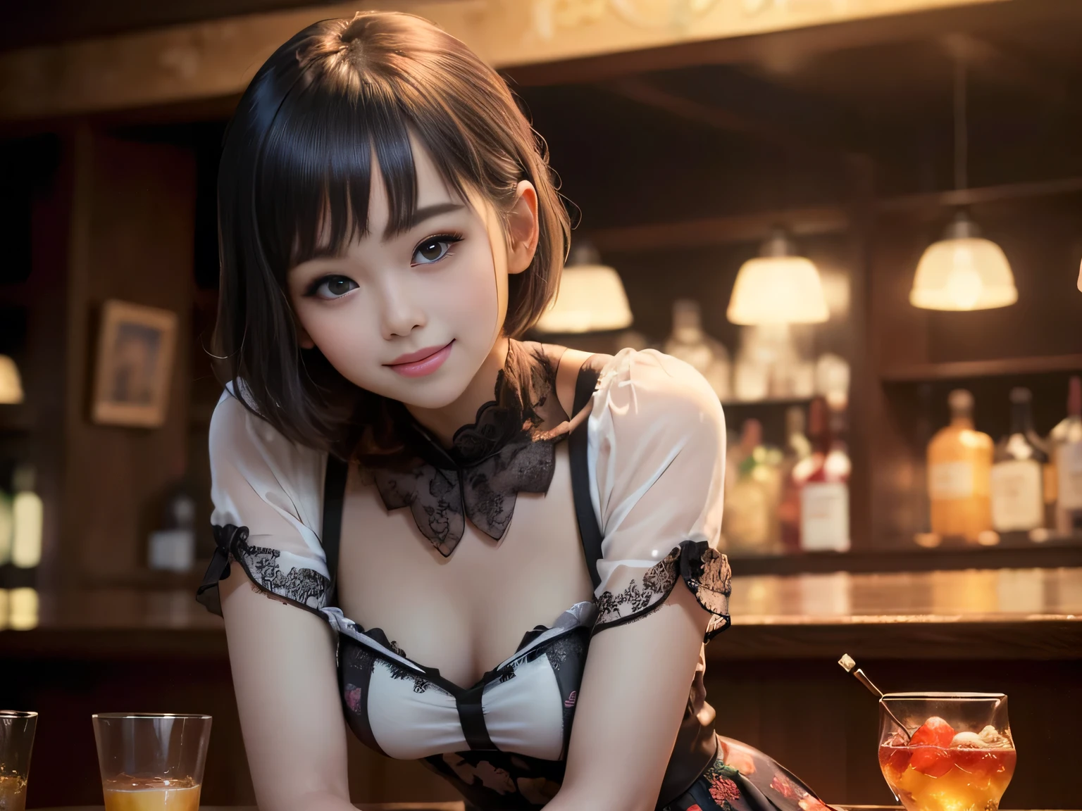 (Female bartender serving beautiful cocktails at dimly lit bar counter,),(( White and black bartender uniform,))、Japan Idol Girl、A smile、(Reddish brown straight bob cut hair、hair pin)、huge-breasted、(((Pour the ice cubes into a shiny glass container,、Enjoy a colorful blue cocktail inspired by summer,))),Beautiful fingers,Beautiful fingertips,gazing at viewer、
