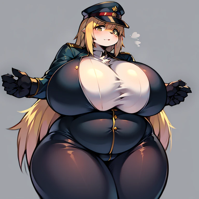 vladilenamilize, vladilena milize, (grey eyes:1.5), grey hair, hair between eyes, long hair, ahoge,((best quality)),((highly detailed))
BREAK blue headwear, blue jacket, blue skirt, hat, jacket, military, military hat, military uniform, peaked cap, shirt, skirt, thighhighs, uniform, white shirt, white thighhighs,
BREAK looking at viewer, smile,
BREAK indoors, classroom,
BREAK (masterpiece:1.2), best quality, high resolution, unity 8k wallpaper, (illustration:0.8), (beautiful detailed eyes:1.6), extremely detailed face, perfect lighting, extremely detailed CG, (perfect hands, perfect anatomy), chubby, chubby girl, curvy, large breasts, lips, plump, thick thighs, thighs, (((oversized gigantic stomach)), curvy, large breasts, lips, plump, thick thighs, thighs, (((oversized gigantic stomach)), curvy, large breasts, lips, plump, thick thighs, thighs, (((oversized gigantic stomach))