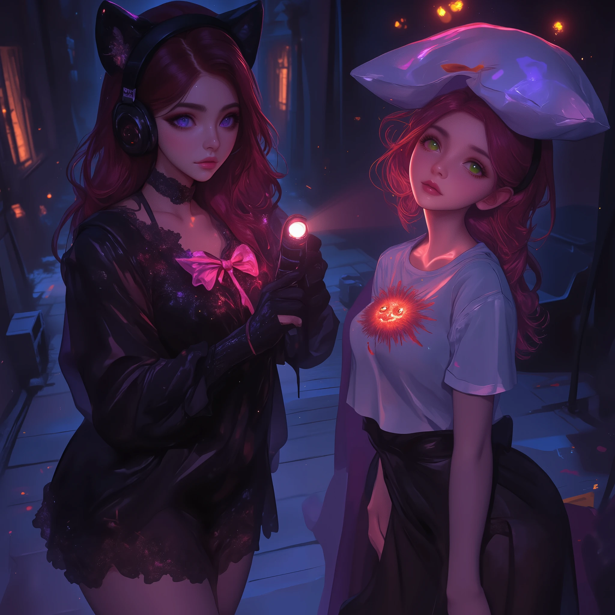 Masterpiece, detailed image, vivid colors, 4k, cinematographic photography, dynamic angle, 2girls, perfect human anatomy, a comical scene of a beautiful woman (nice curves) with long red hair and purple eyes, wearing a headset with cat ears, a black nightgown with lace and a pink bow, with a serious expression, holding a flashlight in one hand and in the other a pillow in front, protecting a young woman with red hair with yellow parts, green eyes, wearing a long t-shirt down to her thigh and a sun printed on her chest, with an expression of fear on her face from a killer pillow, both standing facing the viewer, one facing the other, the pillow with small arms and legs, her front facing the viewer, the scene takes place in a house with no light, wooden floor, dark hallway, natural lighting from the flashlight, ray tracing, detailed shadows, perfect shadows in the hair