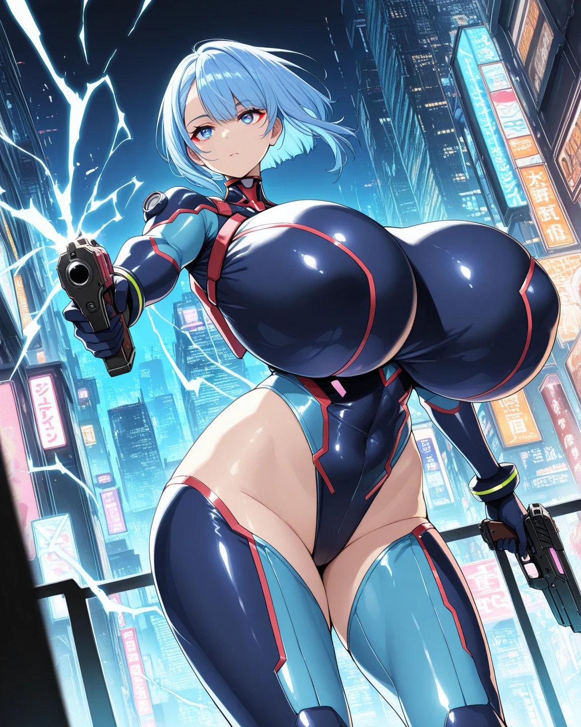 1girl, large breasts, breasts, thick thighs, hourglass figure, toned, smile, light smile, blue hair, light blue hair, blue eyes, very short hair, pixie cut, shoes, sneakers, socks, bikini, black bikini, jacket, black jacket, open jacket, neon trim, neon, neon lights, blue trim, tech, machinery, science-fiction, futuristic, bunny ears, rabbit ears, cropped jacket, ((cropped jacket)), hands down, arms down, cleavage, arms down, hands down