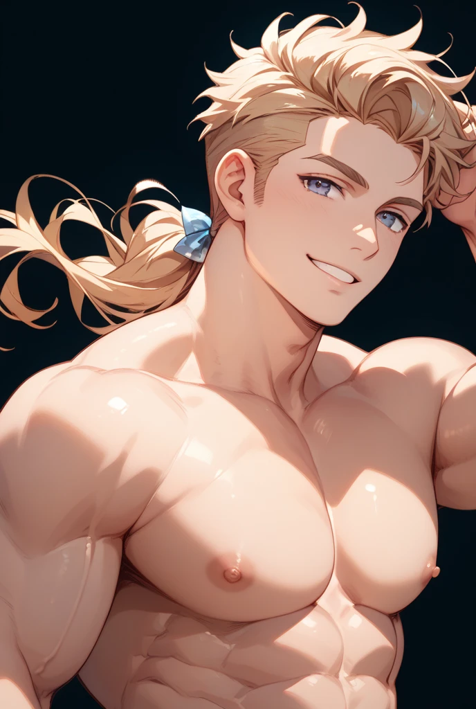 A very muscular, blond, very hairy, blue-eyed, attractive, shirtless, long, loose haired man who is flexing his biceps and is really attractive and is only in a thong