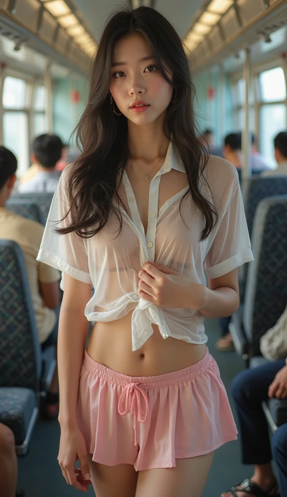 ((Highest quality, 8k, RAW Photos, masterpiece :1.3)), (Realistic、Realistic:1.37)、Very detailed、Ultra-high resolution, (Professional Lighting), ((From above:1.2)),((Full body photo)),Small breasts、Perfect Face、Beautiful expression、Beautiful Face、Beautiful Eyes、18 year old high school girl、beautiful girl、Beautiful black hair、(No bra、Schoolgirl uniform、Button-down shirt:1.2、Off the shoulder、Mini Pleated Skirt、Pale pink string panties)、(Inside a crowded train with sunlight streaming in、A chubby middle-aged Japanese man hugs a high school girl from behind on a train)、((((A middle-aged man standing behind a woman、The man reaches out his right hand and touches the woman's breast.:1.3、The man's left hand is touching the high school girl's private parts with his fingers.:1.2、Button-down shirt:1.2))))、caress、Expressions of fear、Blushing、The man has a vulgar look、Man hugging