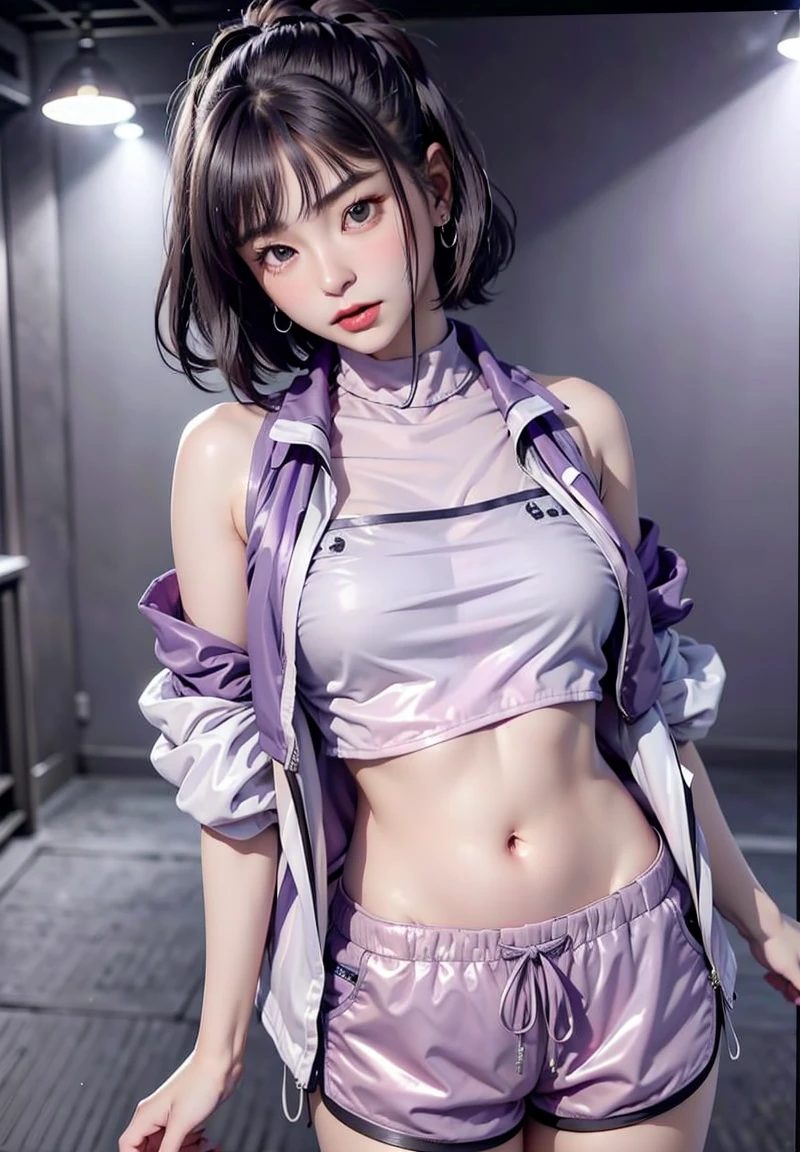 sfw, Cute 16 year old nekomata catgirl, , Delicate Beautiful Attractive Face With Alluring Yellow Eyes, open mouth, Broadly Smiling, Lovely Medium Breasts, Layered Long Twintail hair, Blush Eyeshadow, Thick Eyelashes, Oversized cyberpunk Tech jacket, Mini Underboob Tee, Open Navel, Slim Waist, leather Pants, In The Graffiti Alley, Holding Spray Paint Can, Standing, Original Character, Volumetric Lighting, Best Shadows, Shallow Depth of Field, (Highest Quality, Amazing Details:1.25), (Solo:1.3), Brilliant Colorful Paintings, wearing bra,((skinny waist)), young asian girl, ((big breasted)),